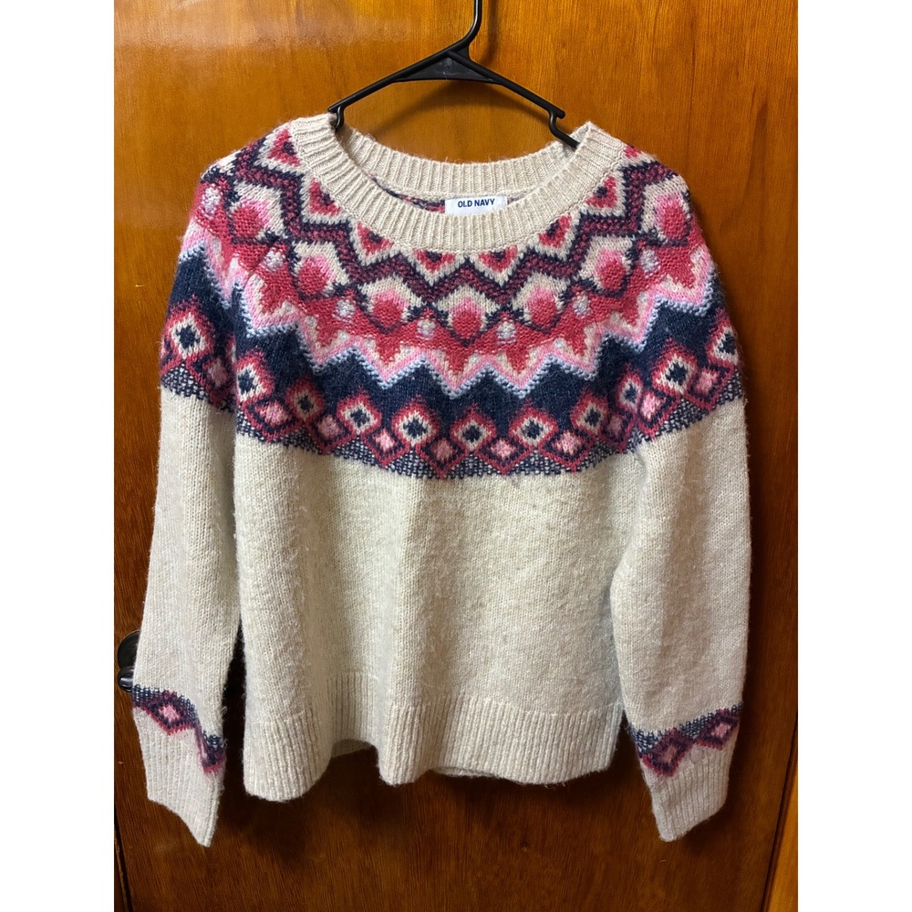 Old Navy Sweater Womens Small Cream Pink Fair Isle Wool Blend Ski Cabin Core